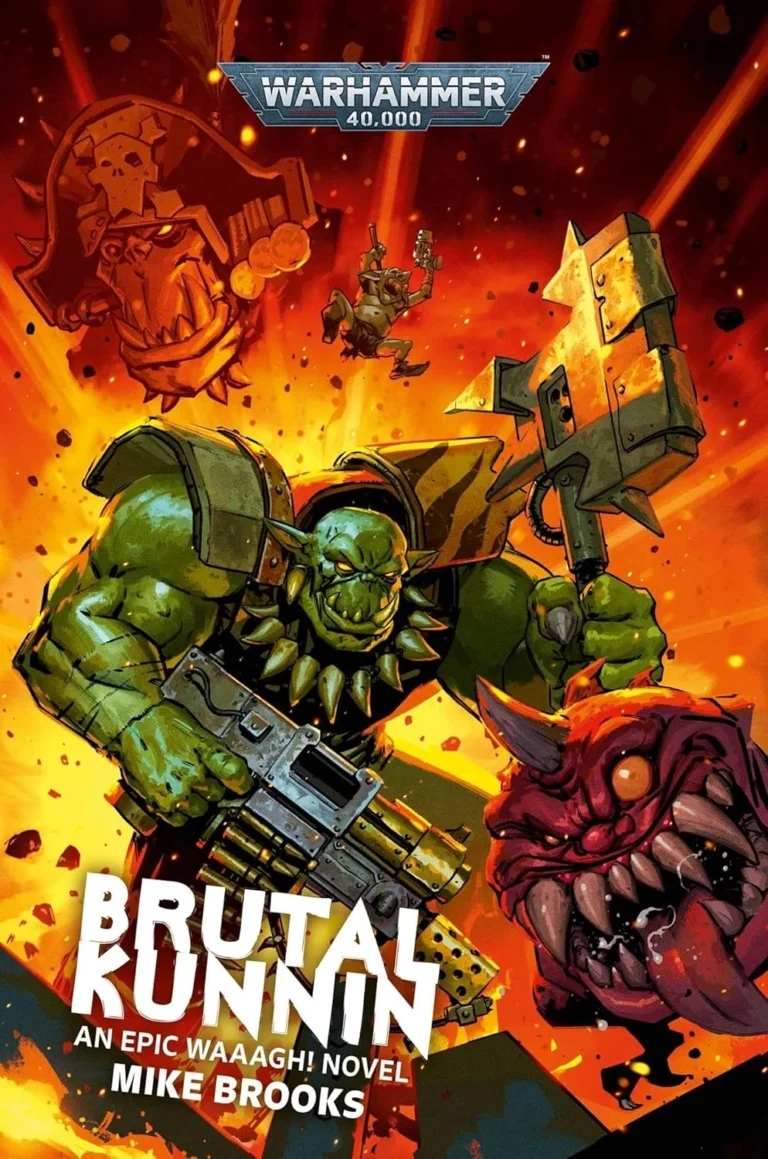 Warhammer 40,000 cover with a green orc wielding a massive hammer against a fiery backdrop and a red demon, bold title text visible (Brutal...).