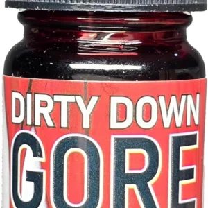 Small dark bottle with a black ribbed cap and a red label that says “DIRTY DOWN GORE” (15 ml/0.5 fl oz)