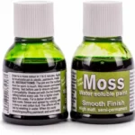 Two green Moss water-soluble paint bottles with white caps, labels reading 'Moss Water soluble paint' and 'Smooth Finish' on a white background.