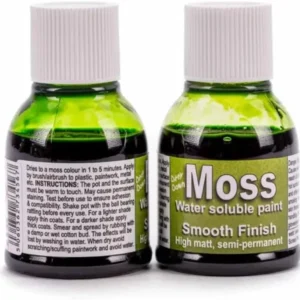 Two green Moss water-soluble paint bottles with white caps, labels reading 'Moss Water soluble paint' and 'Smooth Finish' on a white background.