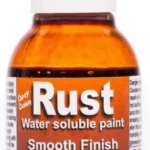 Orange-labeled Rust water-soluble paint bottle with white cap; label reads 'Smooth Finish' and 'High matt, semi-permanent'