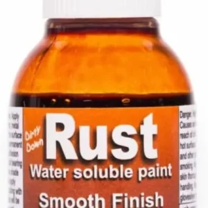 Orange-labeled Rust water-soluble paint bottle with white cap; label reads 'Smooth Finish' and 'High matt, semi-permanent'