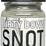 Small clear glass bottle with a dark ribbed screw cap, labeled 'DIRTY DOWN SNOT' and 15 ml (0.5 fl oz) capacity.