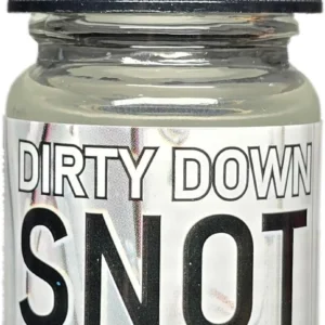 Small clear glass bottle with a dark ribbed screw cap, labeled 'DIRTY DOWN SNOT' and 15 ml (0.5 fl oz) capacity.
