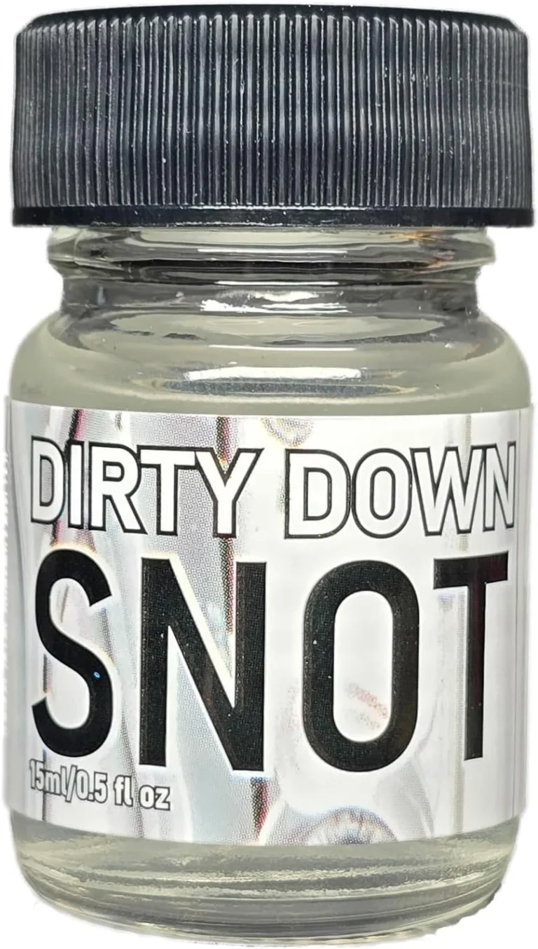 Small clear glass bottle with a dark ribbed screw cap, labeled 'DIRTY DOWN SNOT' and 15 ml (0.5 fl oz) capacity.