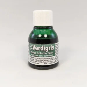 Green bottle of Verdigris water-soluble paint with a white cap and labeled packaging (25 mL)