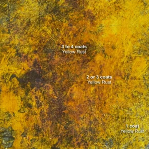 Surface showing different yellow rust coatings: 3 to 4 coats, 2 or 3 coats, and 1 coat of Yellow Rust labeled on a textured rusted background.