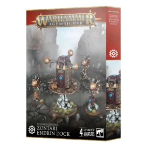 Warhammer Age of Sigmar box: Zontari Endrin Dock with four steampunk miniatures amid a smoky rocky scene.
