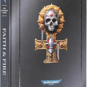 Front cover of Warhammer 40,000 Faith & Fire 20th Anniversary Edition box, featuring a skull over a gold ornate cross and the title Faith & Fire by James Swallow.