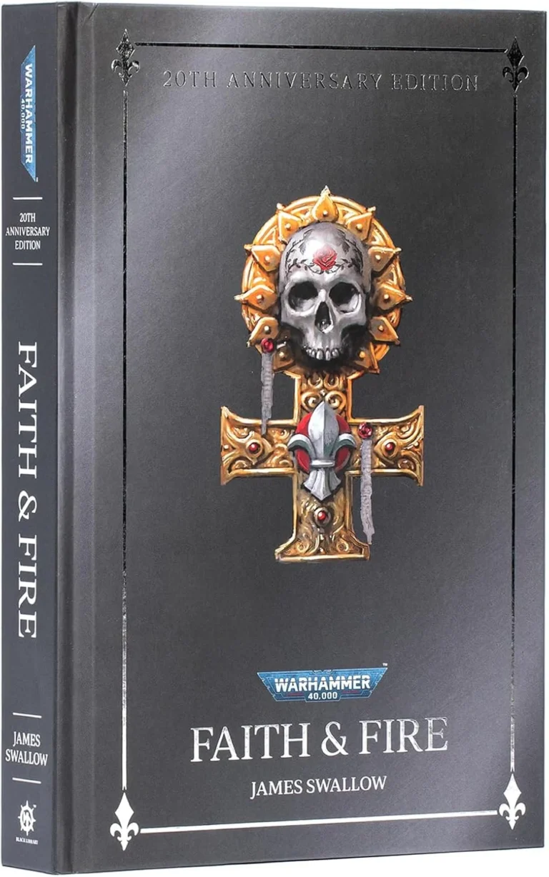 Front cover of Warhammer 40,000 Faith & Fire 20th Anniversary Edition box, featuring a skull over a gold ornate cross and the title Faith & Fire by James Swallow.