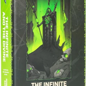 Cover of Warhammer 40,000: The Infinite and the Divine—Illustrated Edition by Robert Rath, showing a dark throne with a glowing green light and skulls surrounding it.