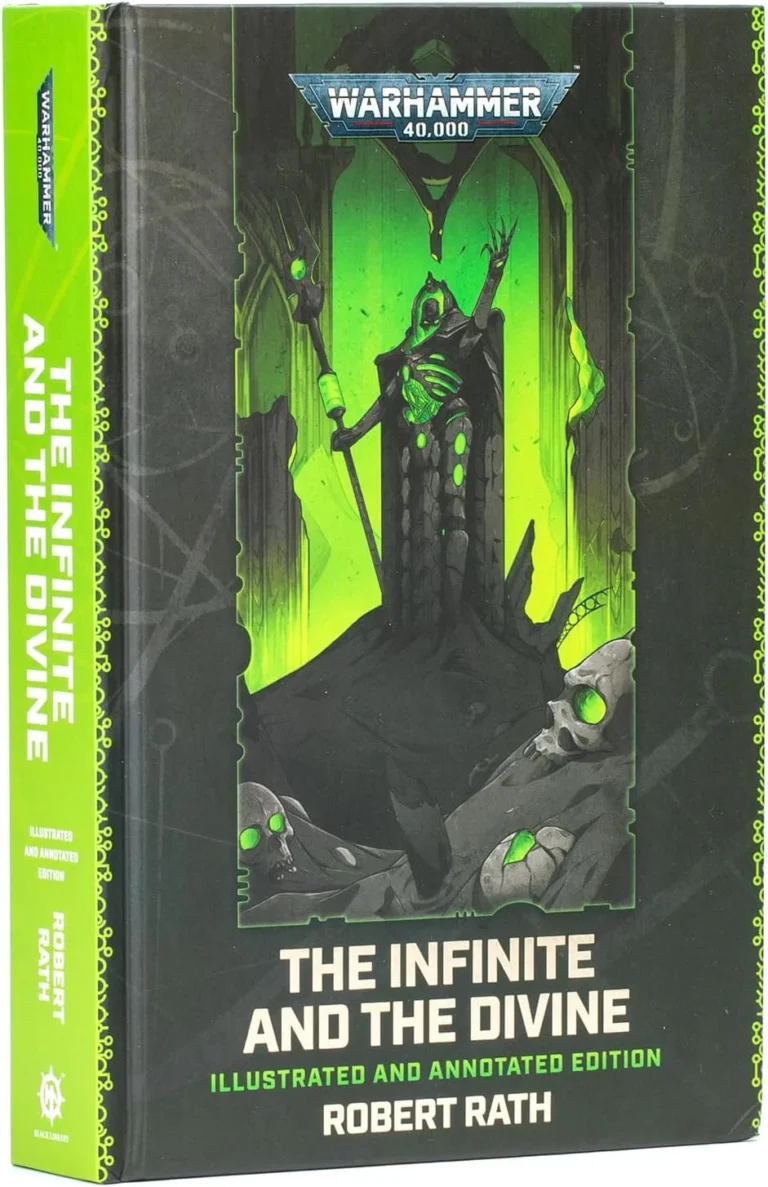 Cover of Warhammer 40,000: The Infinite and the Divine—Illustrated Edition by Robert Rath, showing a dark throne with a glowing green light and skulls surrounding it.