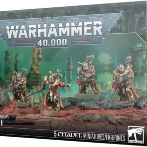 Box for Warhammer 40,000 Adeptus Mechanicus Hastarii miniatures, showing five painted figurines on a rocky diorama backdrop.