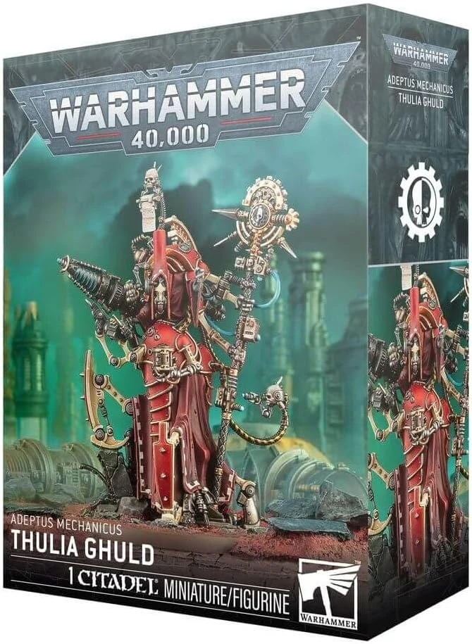 Warhammer 40,000 Adeptus Mechanicus ThulIa Ghuld miniature model box on a teal background box art and logo visible on the sides.