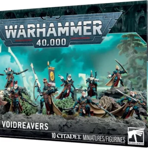 Warhammer 40,000 Corsair Voidreavers box with a battlegroup of painted miniatures marching across rocky terrain, logo and age 10+.