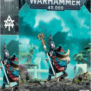 Warhammer 40,000 Aeldari Kharseth miniature box, showing two armored figures on a rocky base with teal background and branding text visible on the box edge.