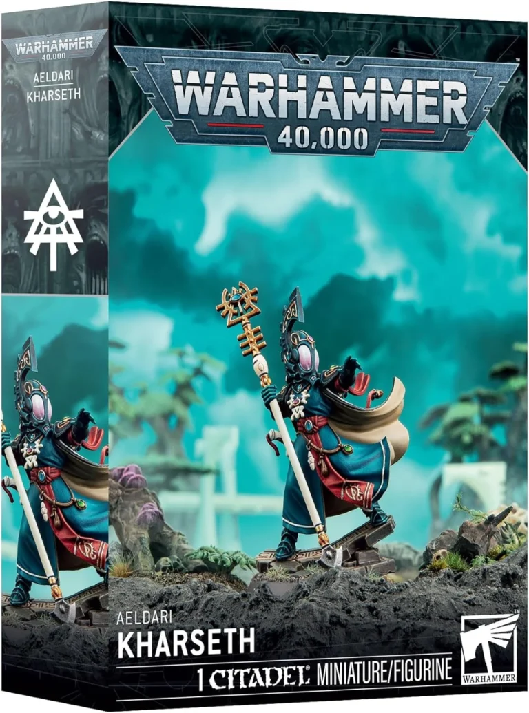 Warhammer 40,000 Aeldari Kharseth miniature box, showing two armored figures on a rocky base with teal background and branding text visible on the box edge.
