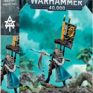 Box art for Warhammer 40,000: Aeldari Prince Yriel miniature, blue cloak, sword raised on a rocky base with a banner in the background and game logos