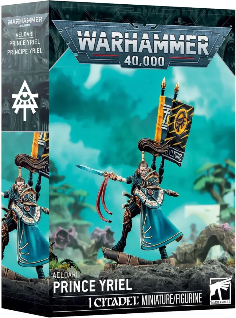 Box art for Warhammer 40,000: Aeldari Prince Yriel miniature, blue cloak, sword raised on a rocky base with a banner in the background and game logos
