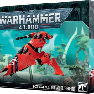 Warhammer 40,000 Aeldari Vyper miniature box with a red Vyper aircraft on a turquoise battlefield backdrop