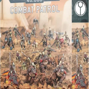 Box art for Warhammer 40,000 Combat Patrol: Kroots, showing a desert battlefield with numerous Kroot miniatures in battle formation on rocky terrain.