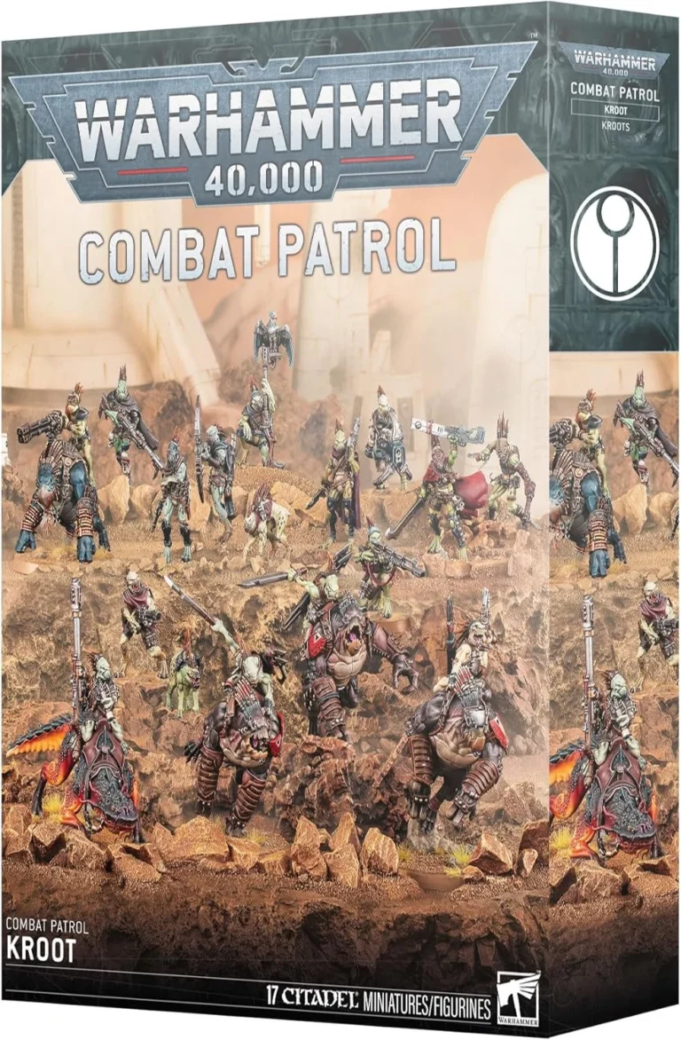 Box art for Warhammer 40,000 Combat Patrol: Kroots, showing a desert battlefield with numerous Kroot miniatures in battle formation on rocky terrain.