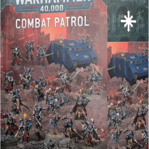 Warhammer 40,000 Combat Patrol Night Lords boxed set with blue armored miniatures and a tracked vehicle on the battlefield scene.