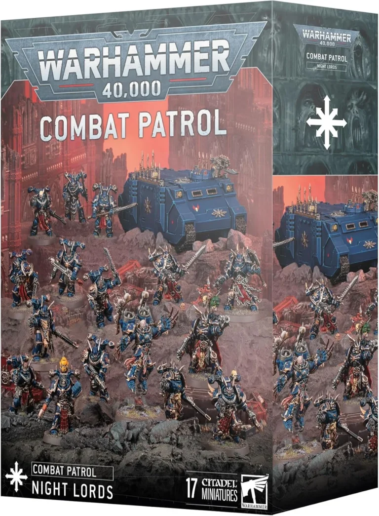 Warhammer 40,000 Combat Patrol Night Lords boxed set with blue armored miniatures and a tracked vehicle on the battlefield scene.