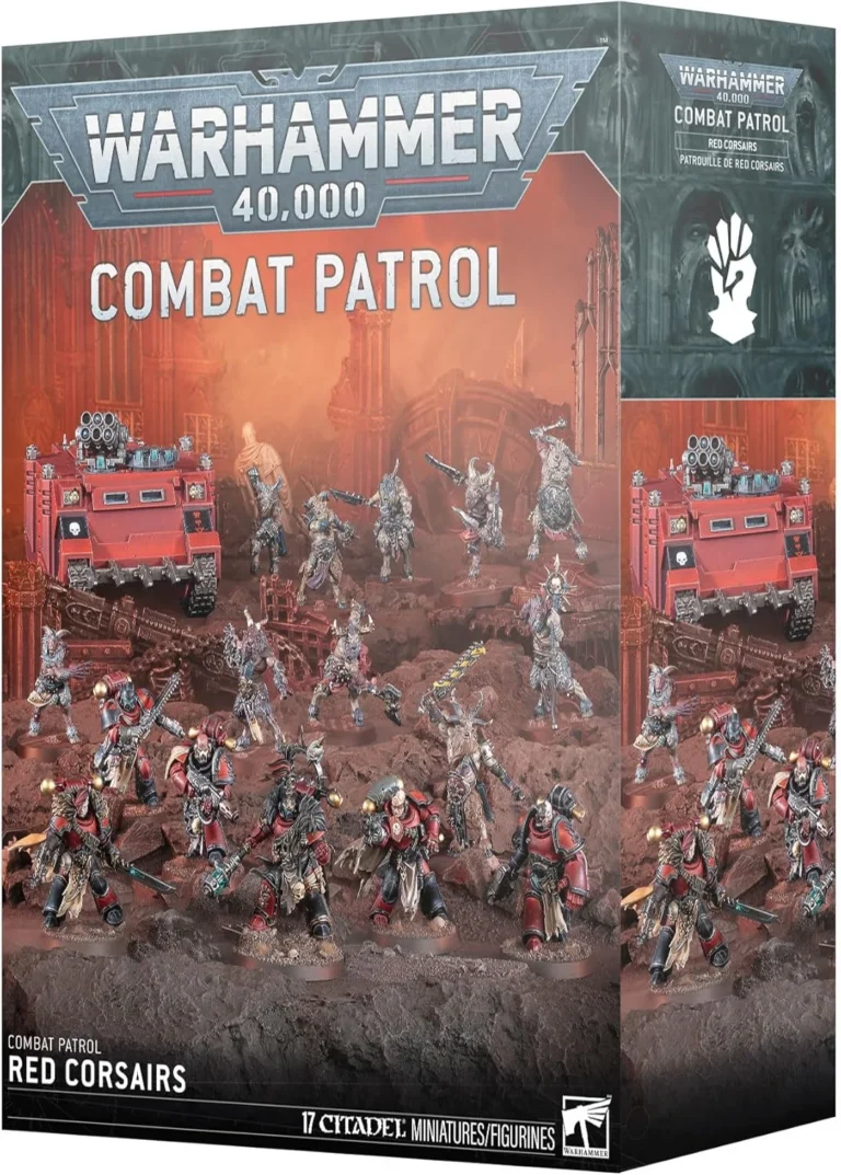 Warhammer 40,000 Combat Patrol Red Corsairs box set featuring red-armored miniatures and tanks on a rocky battlefield.