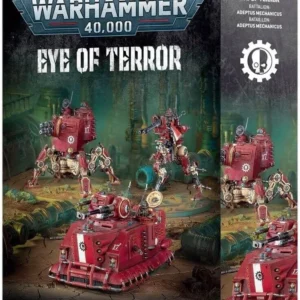 Warhammer 40,000 Eye of Terror box art showing three red Adeptus Mechanicus tanks and walkers on a cracked battlefield