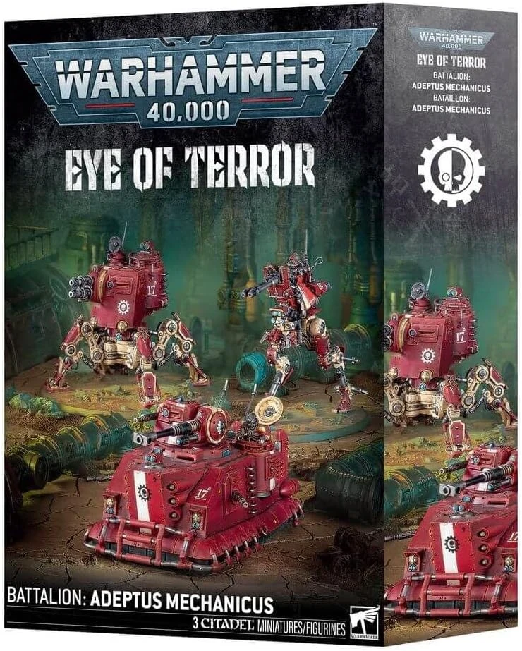 Warhammer 40,000 Eye of Terror box art showing three red Adeptus Mechanicus tanks and walkers on a cracked battlefield