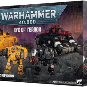 Warhammer 40,000 Eye of Terror battalion box set with yellow and black armored tanks on a battlefield backdrop.