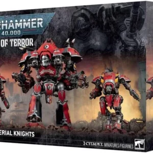 Warhammer 40,000 Eye of Terror box art showing three red Imperial Knights on a war-torn battlefield.