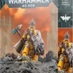 Warhammer 40,000 Imperial Fists Darnath Lysander miniature on rocky diorama, with bold logo and orange background on packaging