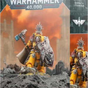 Warhammer 40,000 Imperial Fists Darnath Lysander miniature on rocky diorama, with bold logo and orange background on packaging