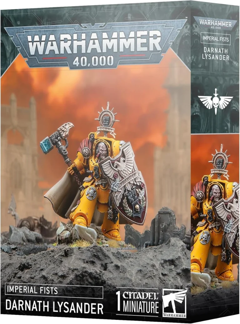 Warhammer 40,000 Imperial Fists Darnath Lysander miniature on rocky diorama, with bold logo and orange background on packaging