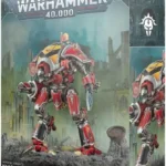 Warhammer 40,000 Imperial Knights Knight Destroier model kit box art showing a red and yellow knight figure on rocky ground.