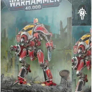 Warhammer 40,000 Imperial Knights Knight Destroier model kit box art showing a red and yellow knight figure on rocky ground.