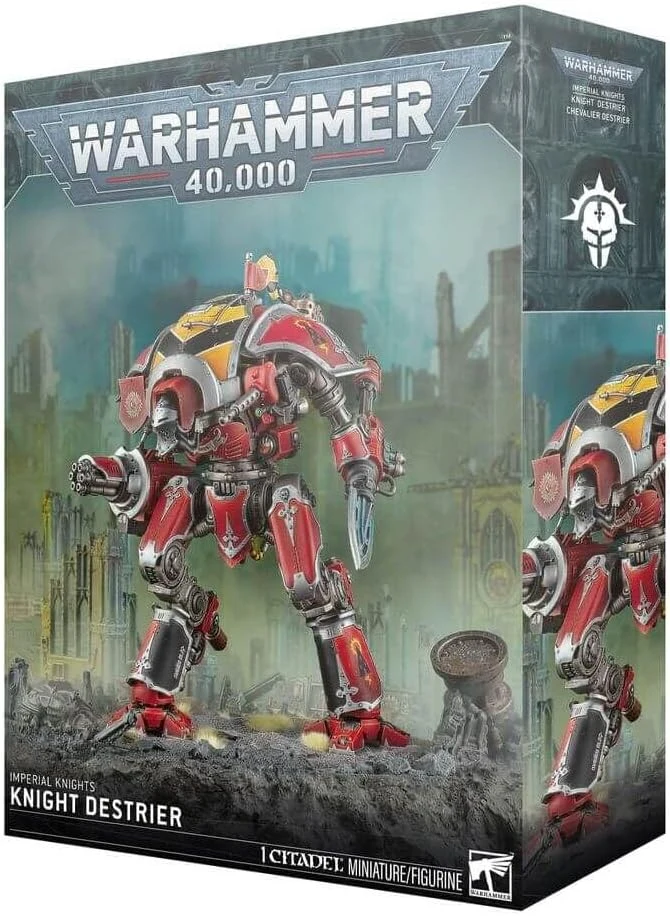Warhammer 40,000 Imperial Knights Knight Destroier model kit box art showing a red and yellow knight figure on rocky ground.