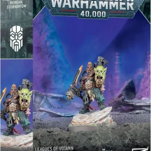Warhammer 40,000 box featuring a blue-purple diorama and two miniature figures standing on rocky terrain; front reads 'Leagues of Votann' and 'Berehk Stornbröw' with a Citadel miniatures logo.