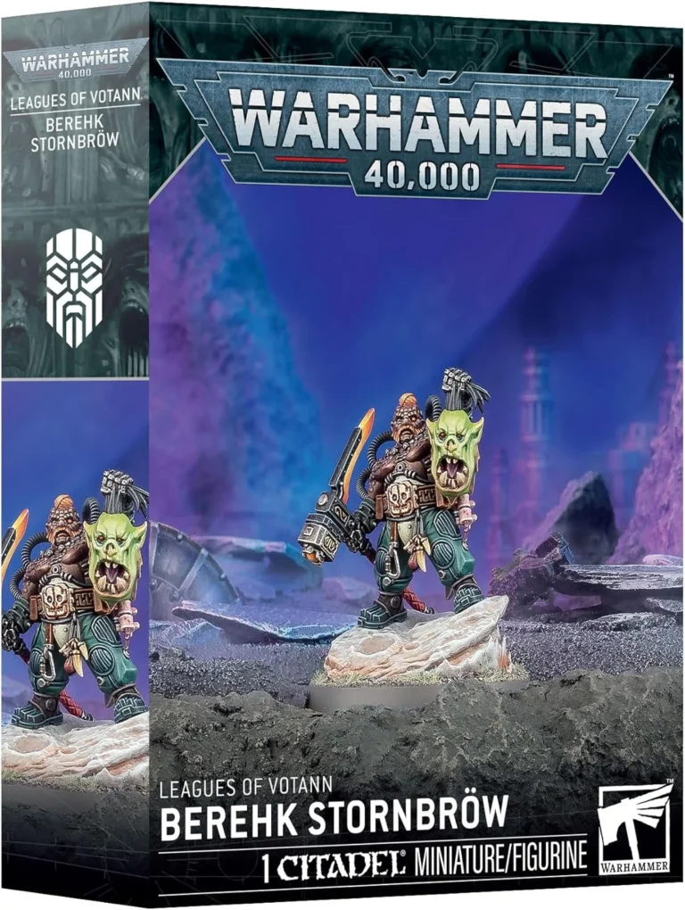 Warhammer 40,000 box featuring a blue-purple diorama and two miniature figures standing on rocky terrain; front reads 'Leagues of Votann' and 'Berehk Stornbröw' with a Citadel miniatures logo.