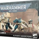 Box art for Warhammer 40,000 The Twin Lance set, featuring four teal and cream armored Citadel miniatures posed on a rocky battlefield exterior of the box.
