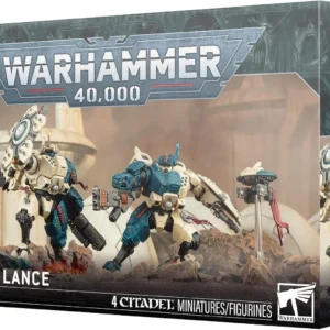 Box art for Warhammer 40,000 The Twin Lance set, featuring four teal and cream armored Citadel miniatures posed on a rocky battlefield exterior of the box.