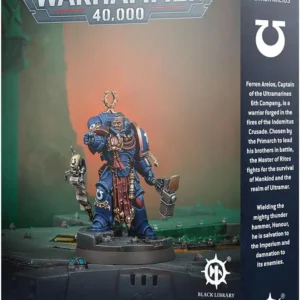 Box cover for Warhammer 40,000 Ultramarines Ferren Areios miniature; blue armored figure on a display base with Warhammer 40,000 branding.