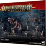 Warhammer Age of Sigmar: Scáthborn Coven box art with winged dragon and many miniatures on a rocky battlefield speckled with red and gold accents.