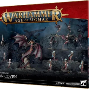 Warhammer Age of Sigmar: Scáthborn Coven box art with winged dragon and many miniatures on a rocky battlefield speckled with red and gold accents.