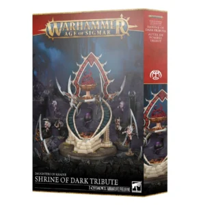 Box art for Warhammer Age of Sigmar: Shrine of Dark Tribute miniature, featuring a dark, ornate shrine with curved stairways set in a rocky battlefield.