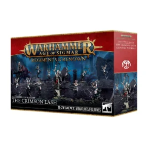 Box art for Warhammer Age of Sigmar: Regiments of Renown – The Crimson Lash, a Daughters of Khaine set with 11 Citadel miniatures and the Warhammer logo visible.