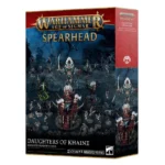 Warhammer Age of Sigmar Spearhead box for Daughters of Khaine, featuring dark battlefield miniatures on the front cover.