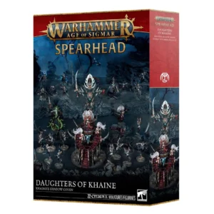 Warhammer Age of Sigmar Spearhead box for Daughters of Khaine, featuring dark battlefield miniatures on the front cover.